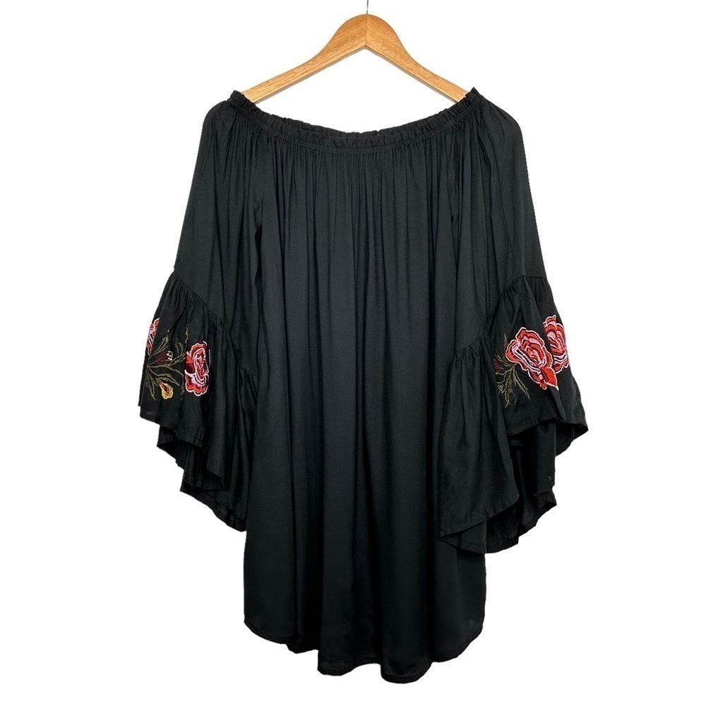 Feathers Dress Womens Floral Embroidered Off The Shoulder Dress Sz Large Black